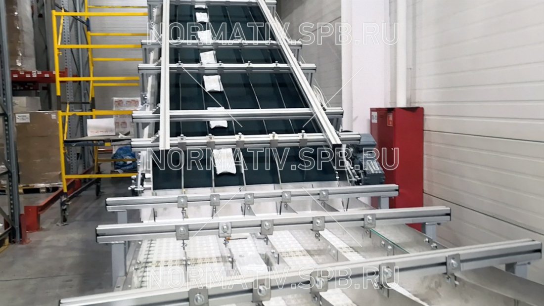 Конвейер наклонный для автоматизиронной транспортировки различных упаковок влажных салфеток на склад