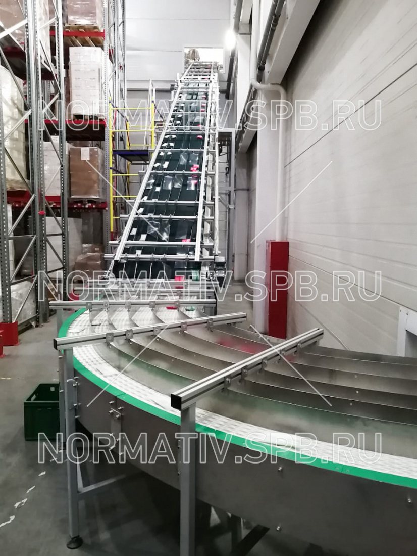 Автоматизированная конвейерная система для спуска продукции (упаковок влажных салфеток) с этажа производства на склад. Проектирование, изготовление, монтаж ООО "Норматив"