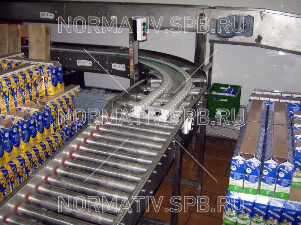 Трех ярусная конвейерная система для транспортировки ящиков (контейнеров) на склад готовой продукции - ООО "Норматив"