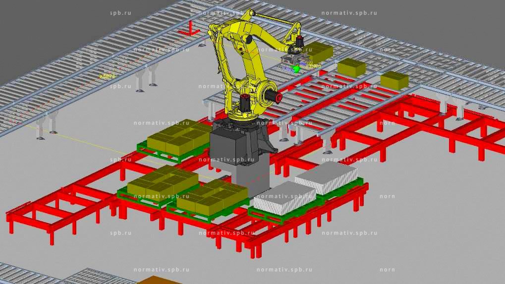 укладка паллет роботом на конвейерном автоматическом складе - разработка проекта от ООО "Норматив"