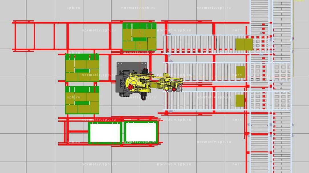 Сборка паллет роботом на конвейерном автоматическом складе - разработка проекта от ООО "Норматив"
